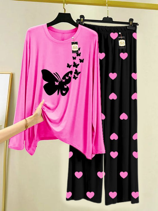 Pink Flying Butterflies Printed Nightwear Set with Black Mini Heart Printed Trousers – Women's Lounge Wear (006)