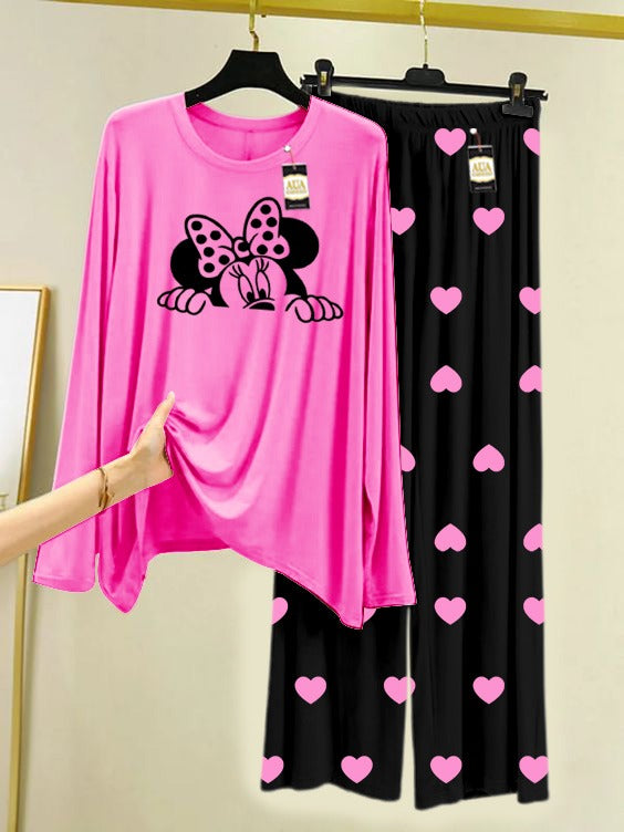 Pink Mini Mouse Printed Nightwear Set with Black Mini Heart Printed Trousers – Women's Lounge Wear (006)