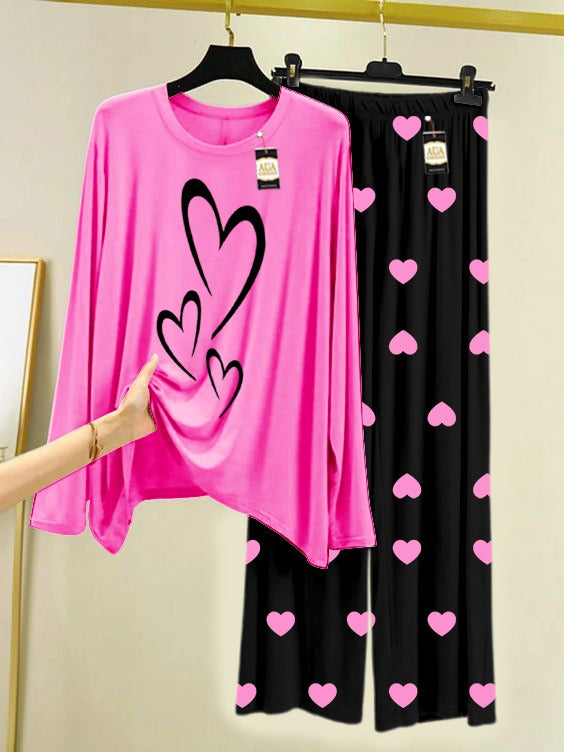 Pink Multi Heart Printed Nightwear Set with Black Mini Heart Printed Trousers – Women's Lounge Wear (006)