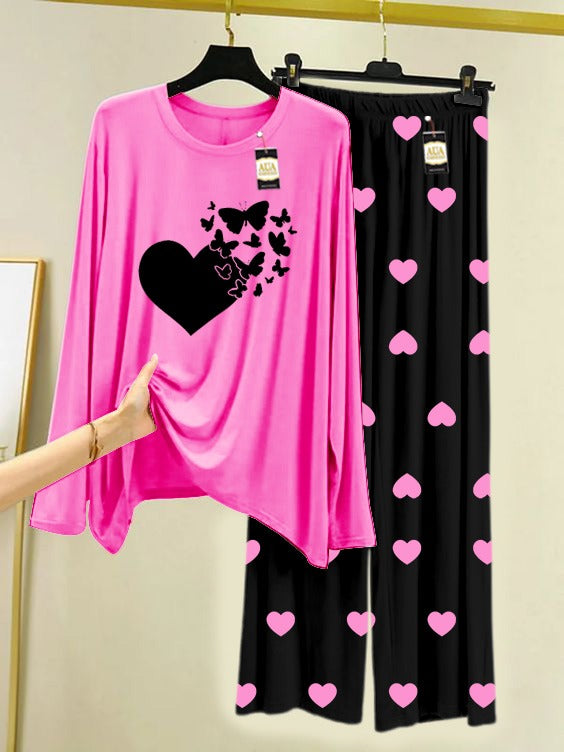 Pink Heart Butterflies Printed Nightwear Set with Black Mini Heart Printed Trousers – Women's Lounge Wear (006)