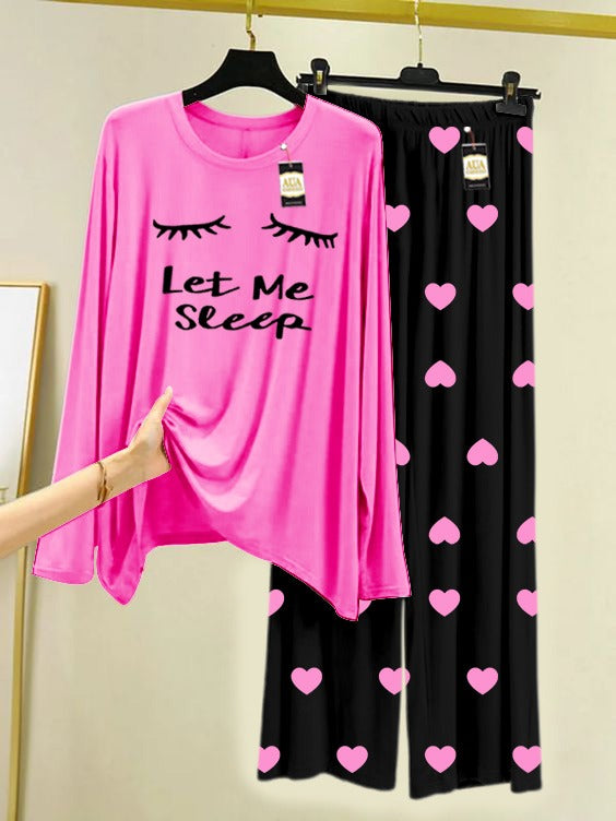 Pink Let Me Sleep Printed Nightwear Set with Black Mini Heart Printed Trousers – Women's Lounge Wear (006)