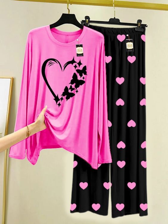 Pink Women Heart Printed Nightwear Set with Black Mini Heart Printed Trousers – Women's Lounge Wear (006)