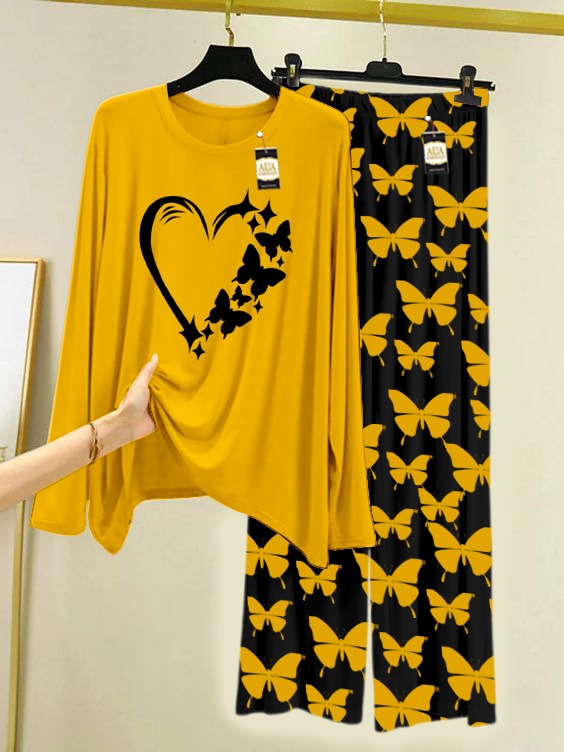 Yellow Women Heart  Printed Nightwear Set With Black Butterfly Printed Trousers – Women's Lounge Wear (007)