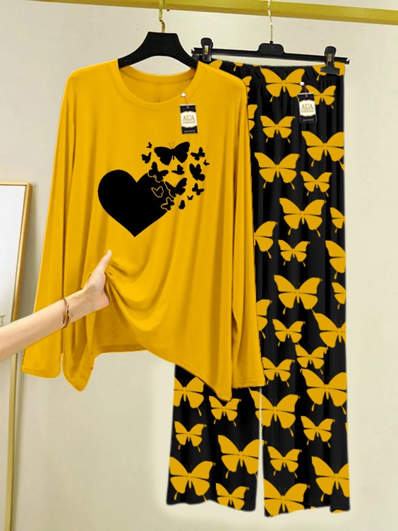 Yellow Flying Butterfly Heart Printed Nightwear Set With Black Butterfly Printed Trousers – Women's Lounge Wear (007)