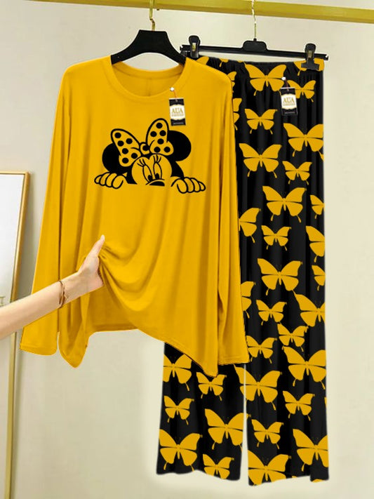 Yellow Mickey Face Printed Nightwear Set With Black Butterfly Printed Trousers – Women's Lounge Wear (007)