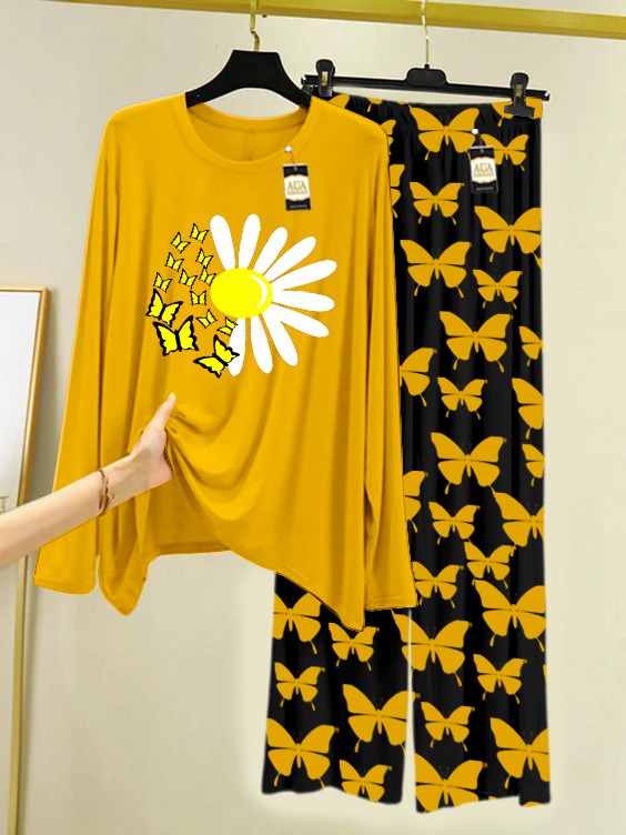 Yellow Sunflower Printed Nightwear Set With Black Butterfly Printed Trousers – Women's Lounge Wear (007)