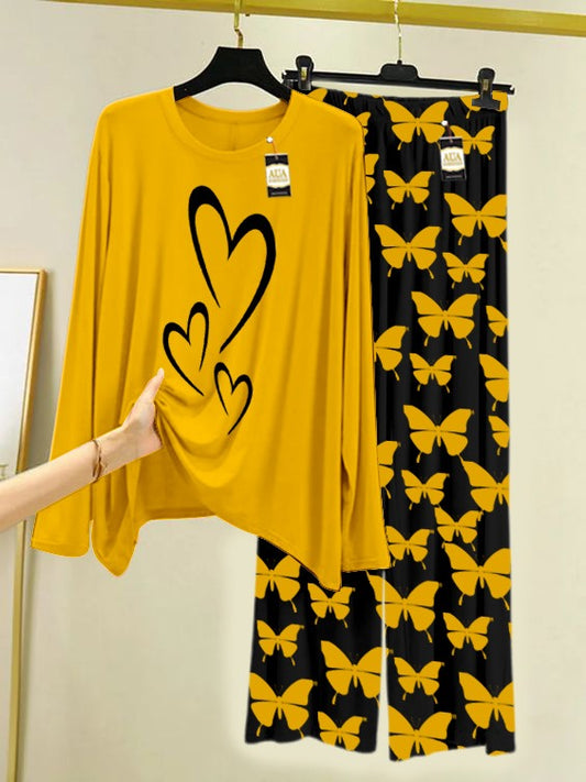 Yellow Multi Heart Printed Nightwear Set With Black Butterfly Printed Trousers – Women's Lounge Wear (007)