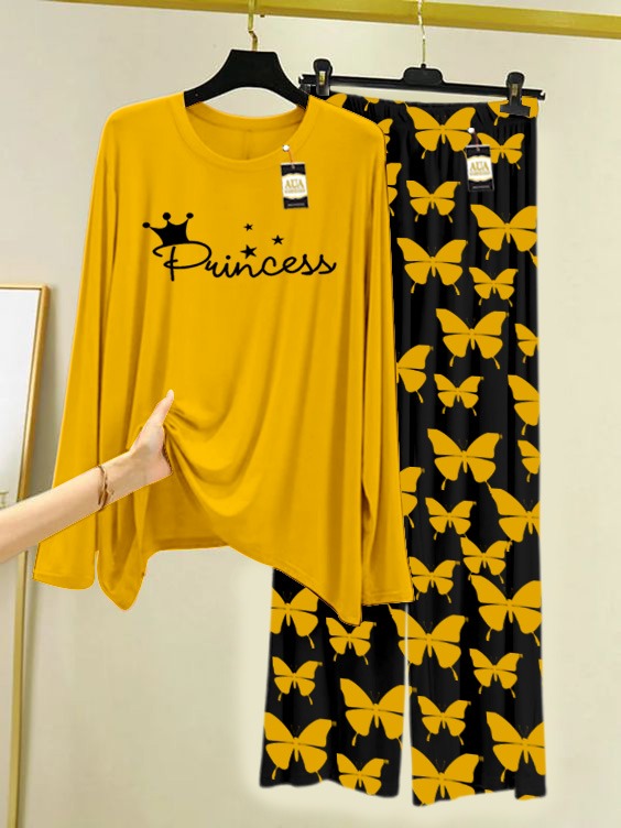 Yellow Princess Printed Nightwear Set With Black Butterfly Printed Trousers – Women's Lounge Wear (007)