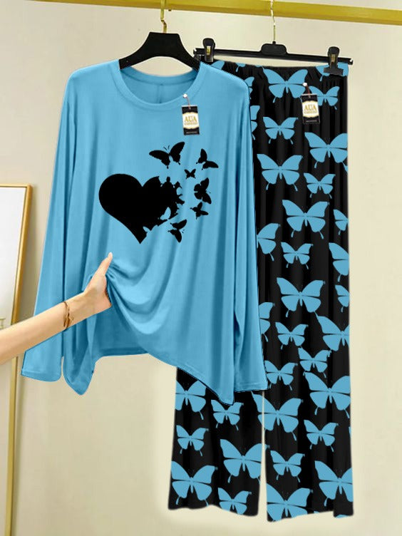 Sky Blue Flying Butterfly Heart Printed Nightwear Set With Black Butterfly Printed Trousers – Women's Lounge Wear (007)