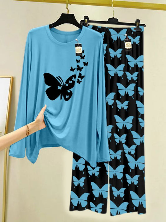 Sky Blue Flying Butterfly  Printed Nightwear Set With Black Butterfly Printed Trousers – Women's Lounge Wear (007)