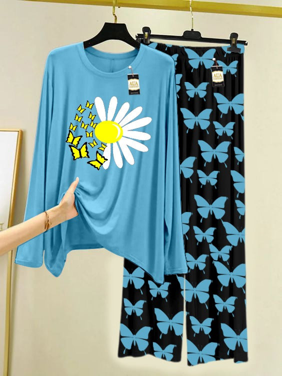 Sky Blue Sunflower  Printed Nightwear Set With Black Butterfly Printed Trousers – Women's Lounge Wear (007)