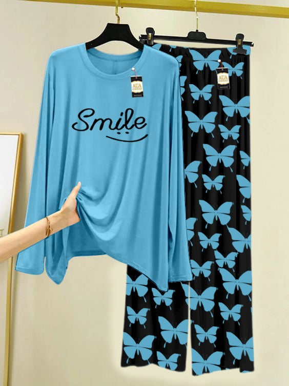 Sky Blue Smile  Printed Nightwear Set With Black Butterfly Printed Trousers – Women's Lounge Wear (007)