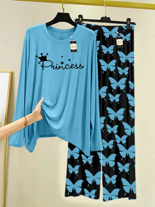 Sky Blue Princess  Printed Nightwear Set With Black Butterfly Printed Trousers – Women's Lounge Wear (007)