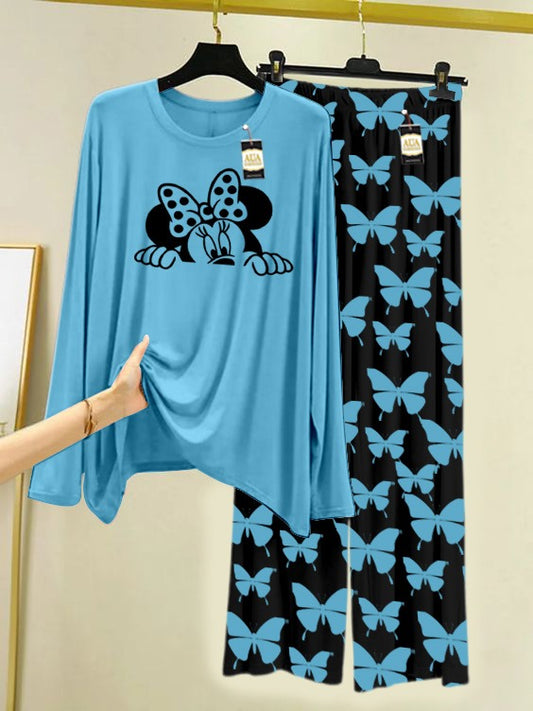 Sky Blue Mickey Face Printed Nightwear Set With Black Butterfly Printed Trousers – Women's Lounge Wear (007)