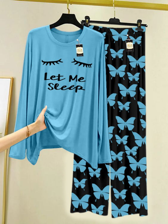 Sky Blue Let Me Sleep  Printed Nightwear Set With Black Butterfly Printed Trousers – Women's Lounge Wear (007)