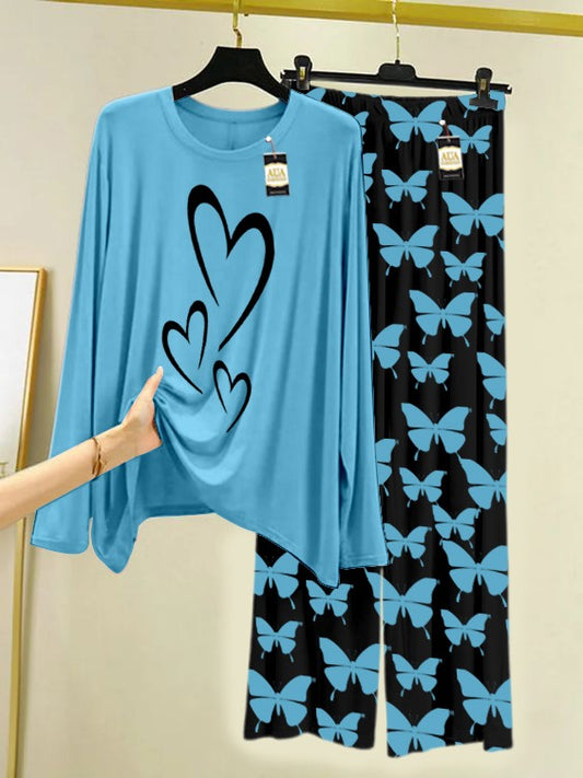 Sky Blue multi Heart  Printed Nightwear Set With Black Butterfly Printed Trousers – Women's Lounge Wear (007)