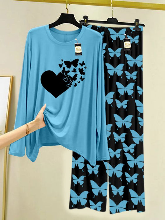 Sky Blue flying Butterfly Heart  Printed Nightwear Set With Black Butterfly Printed Trousers – Women's Lounge Wear (007)