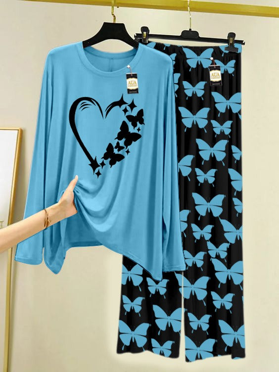 Sky blue Women Heart Printed Nightwear Set With Black Butterfly Printed Trousers – Women's Lounge Wear (007)