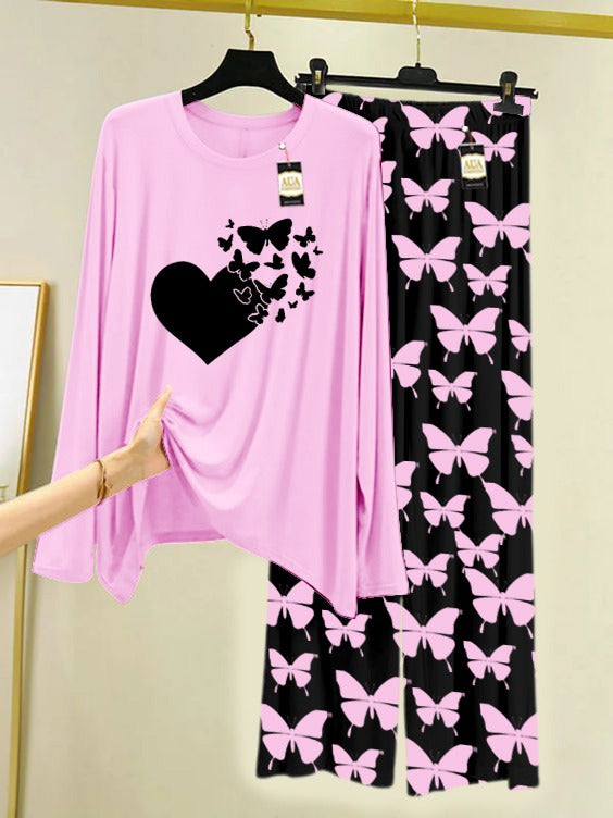 baby Pink Flying Butterfly Heart Printed Nightwear Set With Black Butterfly Printed Trousers – Women's Lounge Wear (007)