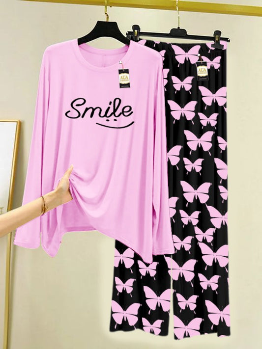 Baby Pink Smile Printed Nightwear Set With Black Butterfly Printed Trousers – Women's Lounge Wear (007)