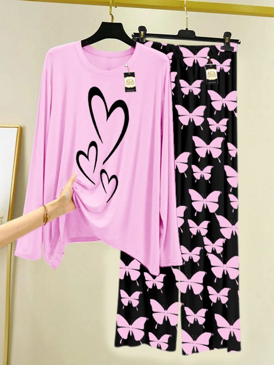 Baby Pink Multi Heart Printed Nightwear Set With Black Butterfly Printed Trousers – Women's Lounge Wear (007)