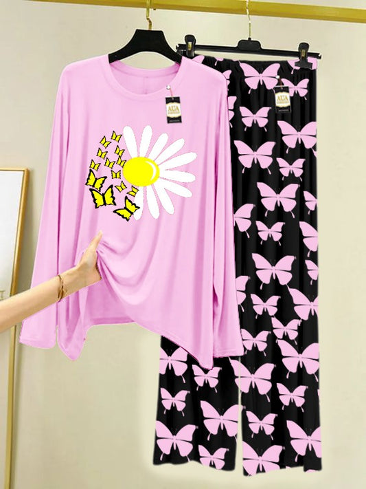 Baby Pink Sunflower Printed Nightwear Set With Black Butterfly Printed Trousers – Women's Lounge Wear (007)