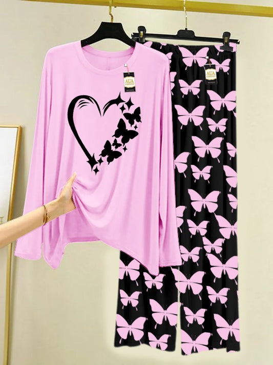 Baby Pinkl Women Heart Printed Nightwear Set With Black Butterfly Printed Trousers – Women's Lounge Wear (007)