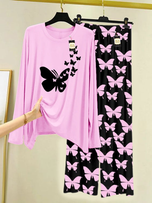 Baby Pink Flying Butterfly Printed Nightwear Set With Black Butterfly Printed Trousers – Women's Lounge Wear (007)