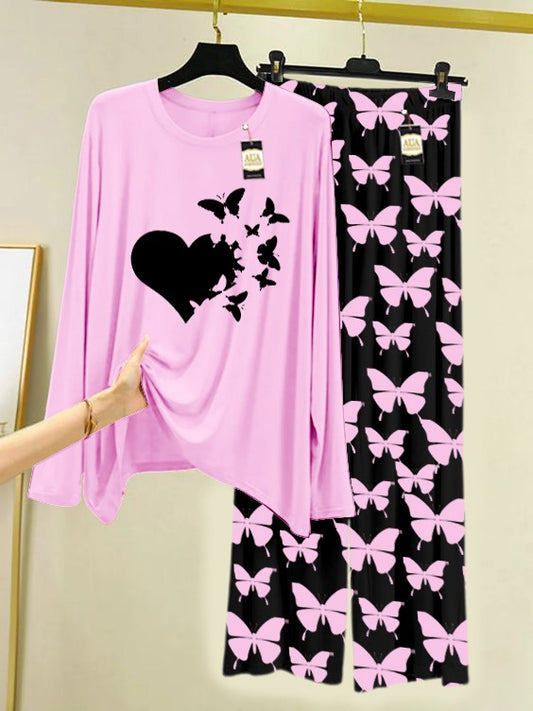 Baby Pink Flying Butterfly Printed Nightwear Set With Black Butterfly Printed Trousers – Women's Lounge Wear (007)