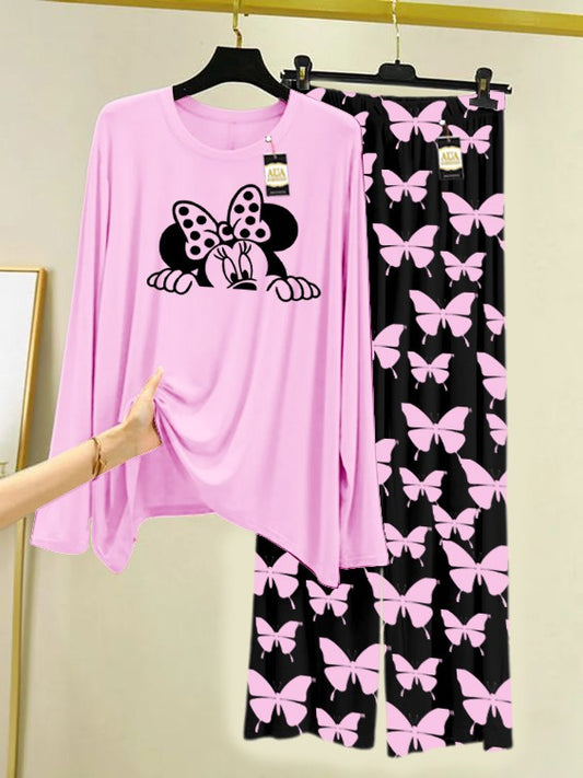 Baby Pink MICKEY FACE Printed Nightwear Set With Black Butterfly Printed Trousers – Women's Lounge Wear (007)