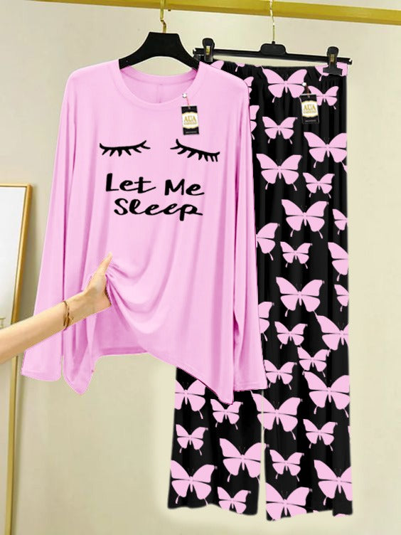 BABY PINK LET ME SLEEP Printed Nightwear Set With Black Butterfly Printed Trousers – Women's Lounge Wear (007)