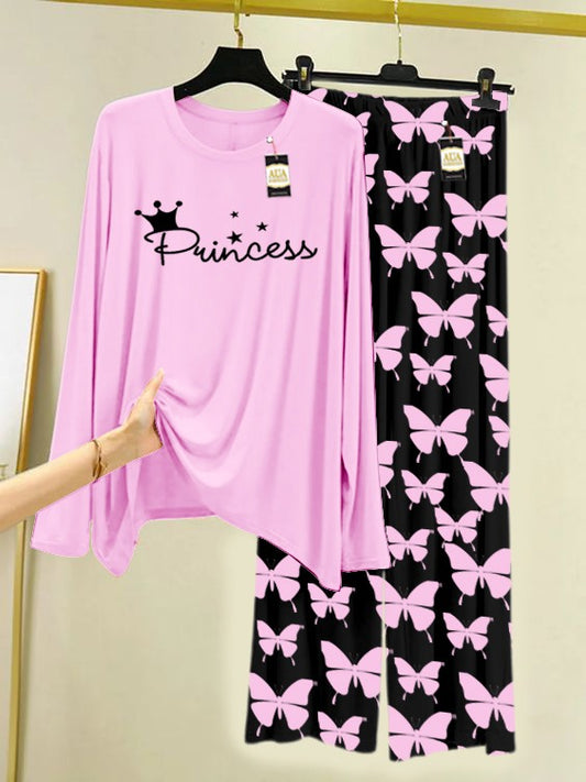 BABY PINK PRINCESS Printed Nightwear Set With Black Butterfly Printed Trousers – Women's Lounge Wear (007)