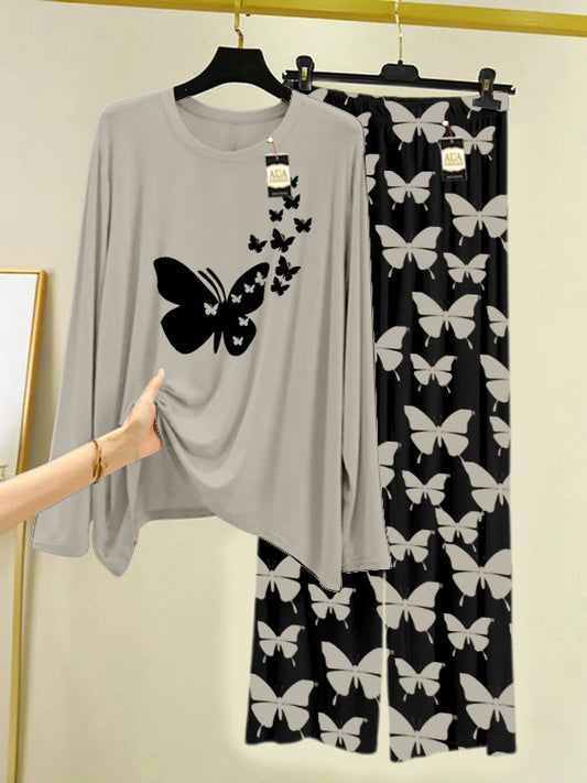 GREY FLYING BUTTERFLY Printed Nightwear Set With Black Butterfly Printed Trousers – Women's Lounge Wear (007)