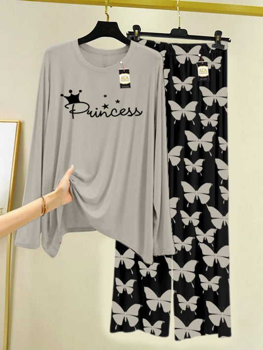 GREY PRINCESS Printed Nightwear Set With Black Butterfly Printed Trousers – Women's Lounge Wear (007)