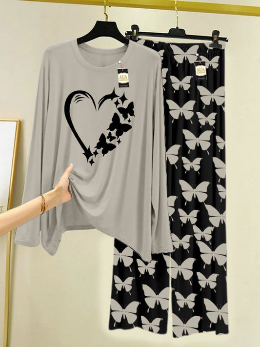 GREY WOMEN Printed Nightwear Set With Black Butterfly Printed Trousers – Women's Lounge Wear (007)