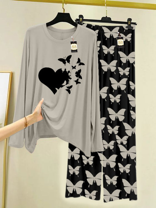 GREY FLYING BUTTERFLY HEART Printed Nightwear Set With Black Butterfly Printed Trousers – Women's Lounge Wear (007)