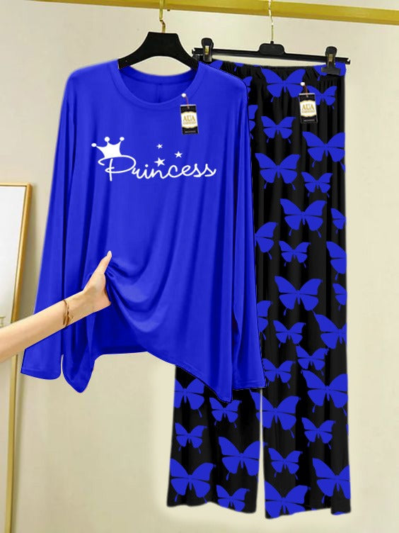 NAVY BLUE PRINCESS Printed Nightwear Set With Black Butterfly Printed Trousers – Women's Lounge Wear (007)