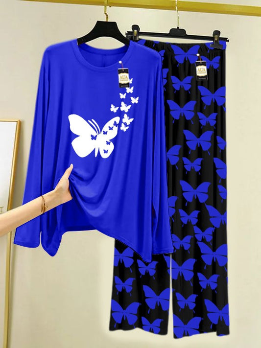 NAVY BLUE FLYING BUTTERFLY Printed Nightwear Set With Black Butterfly Printed Trousers – Women's Lounge Wear (007)