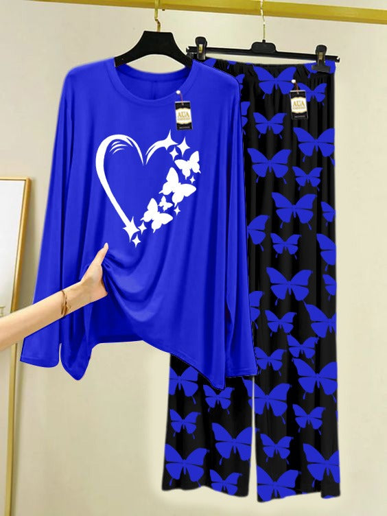 Printed Nightwear Set With Black Butterfly Printed Trousers – Women's Lounge Wear (007)