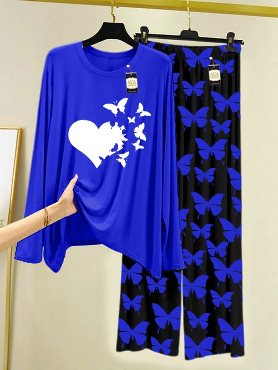 NAVY BLUE FLYING BUTTERFLY HEART Printed Nightwear Set With Black Butterfly Printed Trousers – Women's Lounge Wear (007)