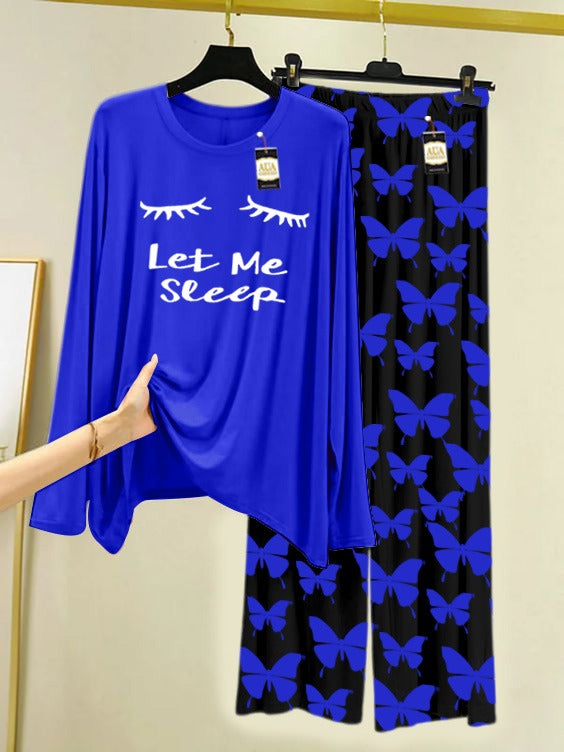 NAVY BLUE LET ME SLEEP Printed Nightwear Set With Black Butterfly Printed Trousers – Women's Lounge Wear (007)