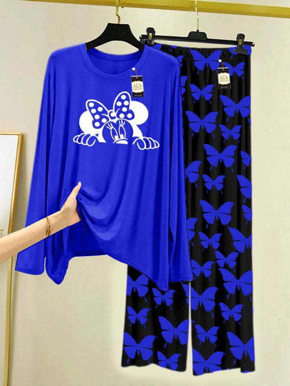 NAVY MICKEY FACE Printed Nightwear Set With Black Butterfly Printed Trousers – Women's Lounge Wear (007)