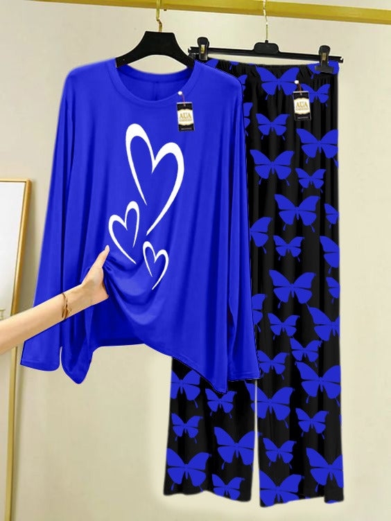 NAVY MULTI HEART Printed Nightwear Set With Black Butterfly Printed Trousers – Women's Lounge Wear (007)