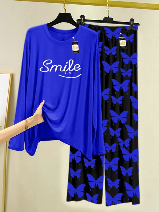 NAVY SMILE Printed Nightwear Set With Black Butterfly Printed Trousers – Women's Lounge Wear (007)