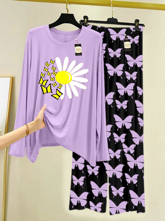 PURPLE SUNFLOWER Printed Nightwear Set With Black Butterfly Printed Trousers – Women's Lounge Wear (007)