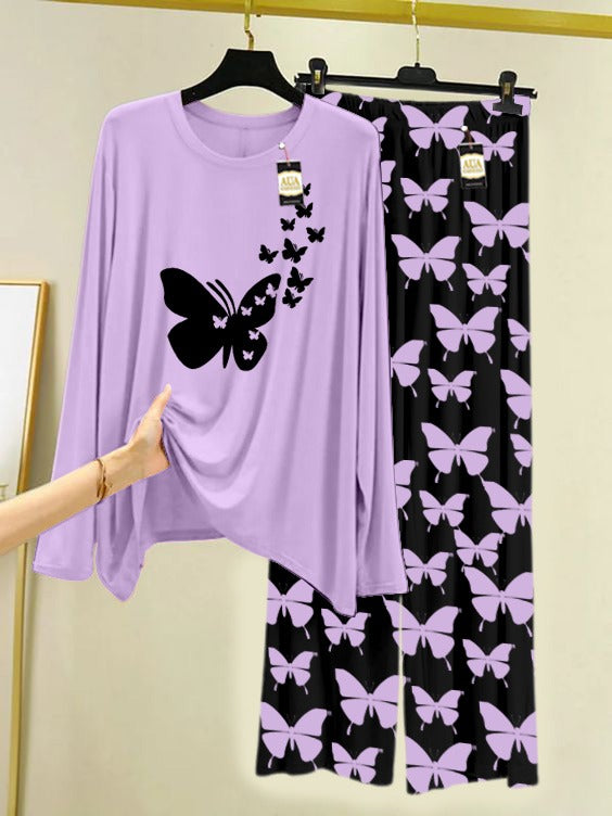 PURPLE FLYING BUTTERFLY Printed Nightwear Set With Black Butterfly Printed Trousers – Women's Lounge Wear (007)