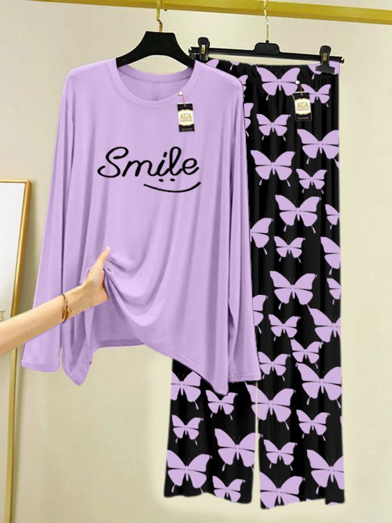 PURPLE SMILE Printed Nightwear Set With Black Butterfly Printed Trousers – Women's Lounge Wear (007)