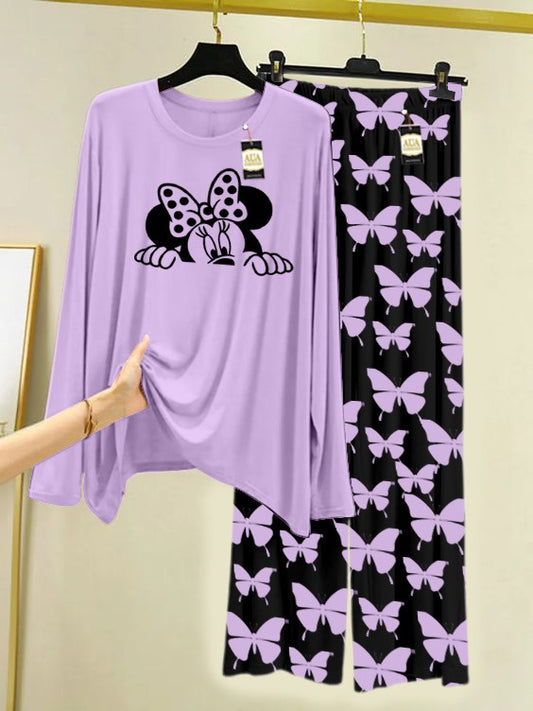 PURPLE MICKEY FACE Printed Nightwear Set With Black Butterfly Printed Trousers – Women's Lounge Wear (007)