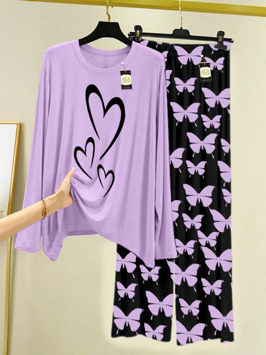 PURPLE MULTI HEART Printed Nightwear Set With Black Butterfly Printed Trousers – Women's Lounge Wear (007)