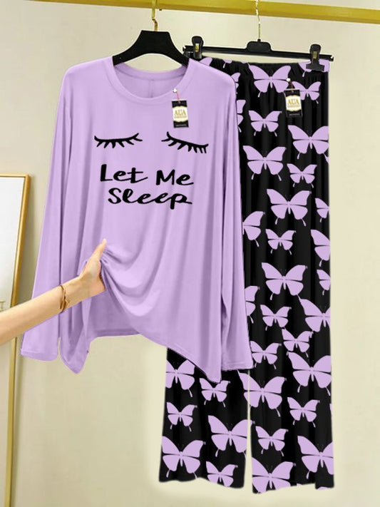 PURPLE LET ME SLEEP Printed Nightwear Set With Black Butterfly Printed Trousers – Women's Lounge Wear (007)